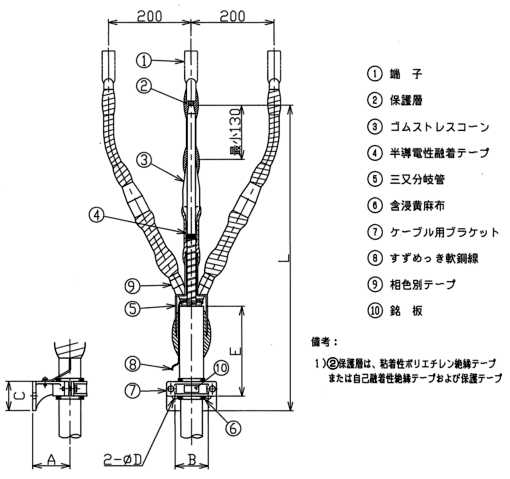 6,600V3心、CVケーブル用ゴムストレスコーン形（屋内）JCAA C-3103図版