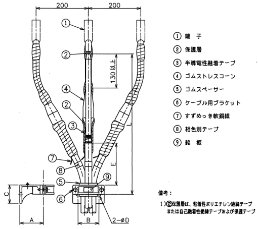 6,600V3心、CVケーブル用ゴムストレスコーン形（屋内）JCAA C-3103図版